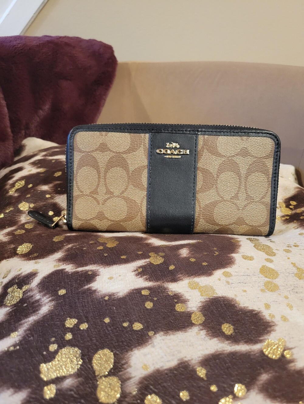 Coach Brown Signature Canvas Wallet with Black Leather Trim and Gold Logo